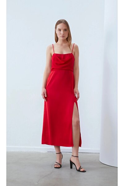 ANNA FİELD Red Satin Maxi Evening Dress with Cowl Neckline and Side Slit –