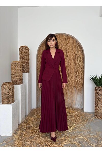 Caddebostan Moda Stylish Midi Dress with Blazer Collar and Pleated Detail