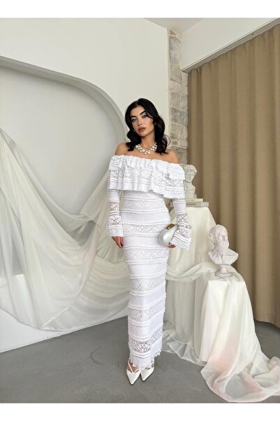 Caddebostan Moda Strapless Lace Detailed Ruffled Midi Dress Long Sleeve Styli...