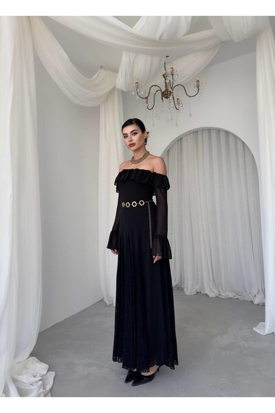 Caddebostan Moda Spanish Sleeve Ruffle Detailed Lace Embroidered Strapless Lo...