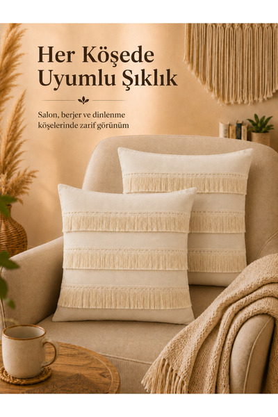 Morlay Naturel Keten Püsküllü Kırlent Kılıfı Bohem Rustik Vintage Salon Dekoru Dekoratif Kırlent Kılıfı