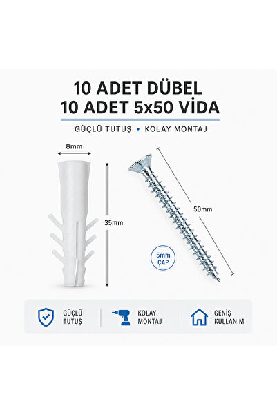 KarapolatYapı Duvar Montaj Seti 10 Adet 8mm Dübel 10 Adet 5x50 Vida