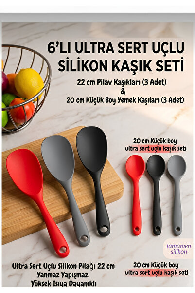 BRE HOME 6'lı Ultra Sert Uçlu Silikon Kaşık Seti - 3 Adet 22cm Pilav Kaşığı &...