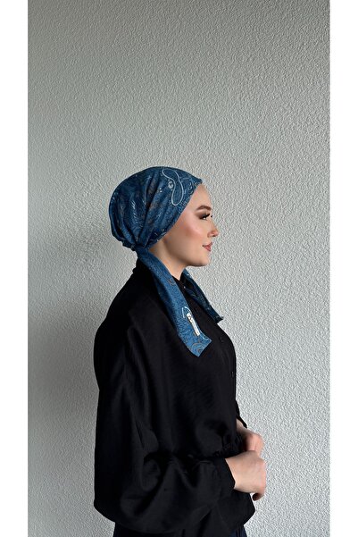 Anatolye Mavi Etnik Desen Soft Eşarp Bone - Kaymaz Terletmez (Kaymayan)