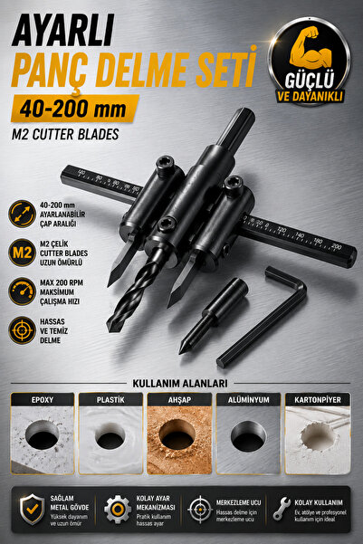 Zephoo 0-200 mm Ayarlanabilir Panç Delme Seti M2 Çelik Cutter Blades Daire Ke...