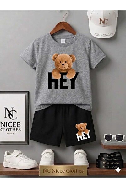 NC Nicee Clothes LETNJA DEČJA MAJICA I KRATKE HLAČE UNISEKS (CRNI HEJ MEDVEĐI...