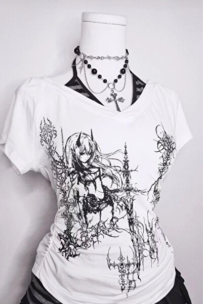 Genel Markalar Beyaz Anime Sword Tribal Gotik Ek Askılı Y2K Kısa Kollu Bluz
