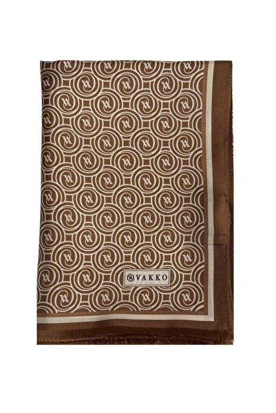 Vakko Tivil Monogram İpek Şal 41407-Açık Kahve Ekru