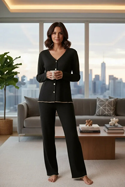 Beruflic Women's Black Gold Ribbed Soft Textured Pajama Set Premium Home Wear