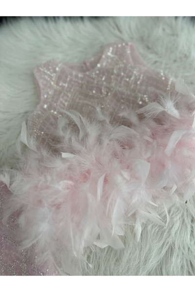 İlknur Karaca Design pembe boncuklu elbise ve crop ikili takım elbise abiye