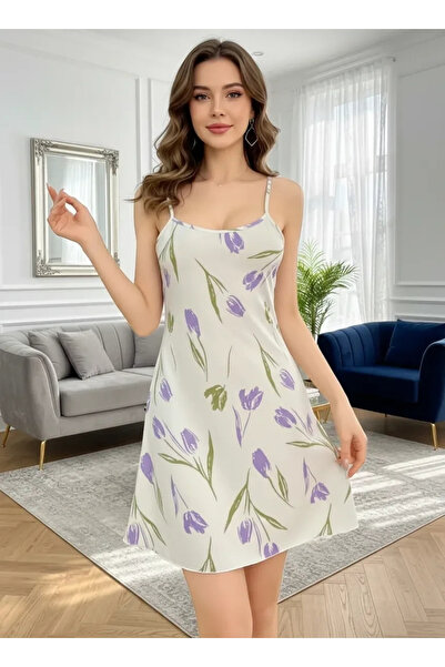 Beruflic Women's White Floral Patterned Strappy Nightgown Stylish Thin Strapp...