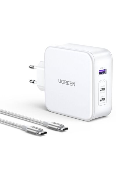 Ugreen Nexode USB-A+2*USB-C 140W GaN Teknolojisi. & USB-C kablosu 2 m, beyaz