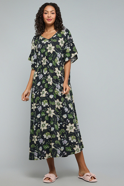 R&B Floral Print Nightgown with V-Neck and Short Sleeves
