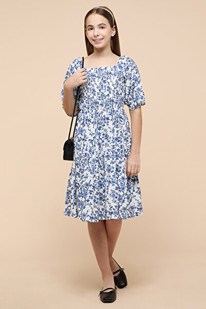 R&B Patterned Tiered Dress with Square Neck and Puff Sleeves