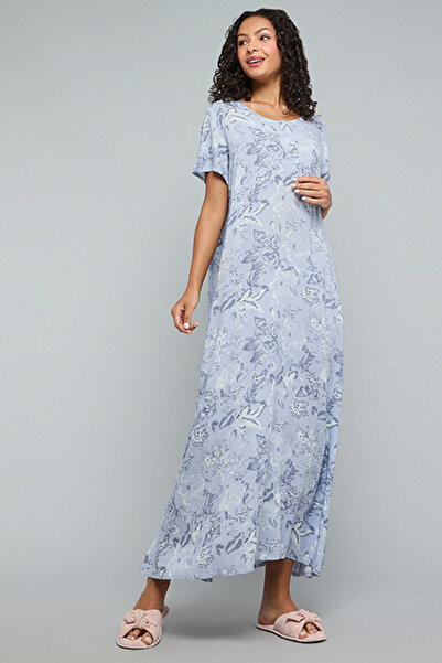 R&B Floral Print Nightgown with V-Neck and Short Sleeves