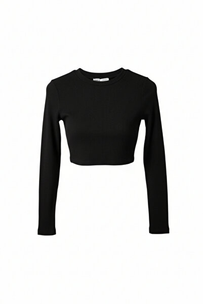 Basic Uzun Kollu Crop Top – Siyah
