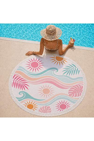 Evmila Round Beach Towel with Wave Sun and Tropical Leaf Pattern