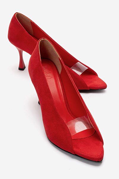 LuviShoes Varelia Red Suede Transparent Strap Women's Heeled Shoes
