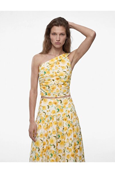 Koton Pamuklu Tek Omuz Çiçekli Poplin Crop Bluz 6SAK30102EW