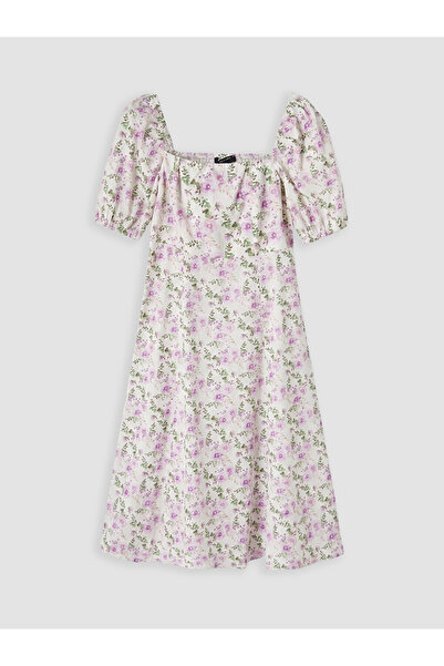 LC Waikiki Ecru Square Neck Floral Balloon Sleeve Dress
