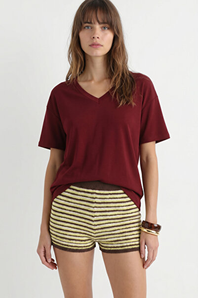 Lovelyİstanbul V Yaka Oversize Basic Örme T-shirt LZV0072 BORDO