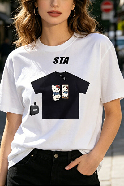 Fleck Womens T Shirts Hello Kitty Graphic Print Casual Streetwear Style White...