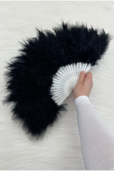 ZEYMERADE Large Size Black Feathered Bridal Fan, Wedding Henna Bridesmaid Bri...