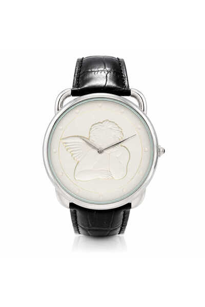 Watch Elegant silver watch with embossed angel dial and Belt eco- Leather strap