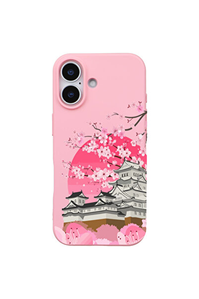 Casen iPhone 16 Pembe Lansman Sakura Renkli Silikon Kılıfı