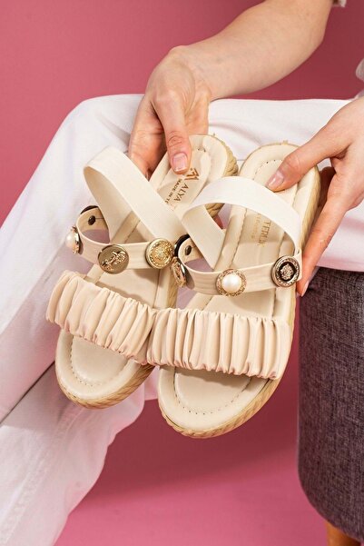 AYAKCİTY Sandale de vară cu curele și detalii accesorii cu perle și sigilii