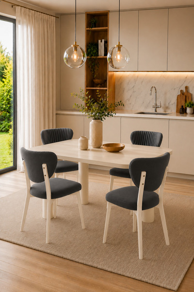 formood 4'lü Mutfak Sandalyesi Modern Antrasit Kumaş Salon Sandalyesi Beyaz A...