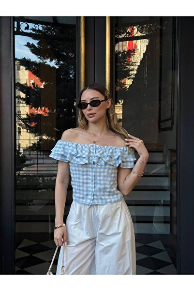 Zey Studio Women's Blue Checkered Strapless Button Front Blouse