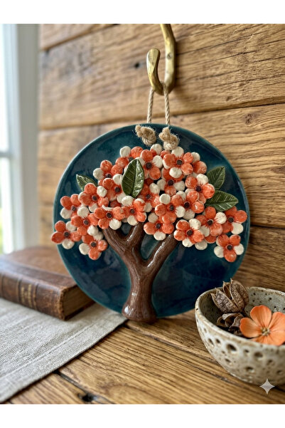 Ahşap Evi El Yapımı Seramik Çiçek Ağacı Duvar Süsü 19 Cm-Dekoratif Şans Ve Ko...