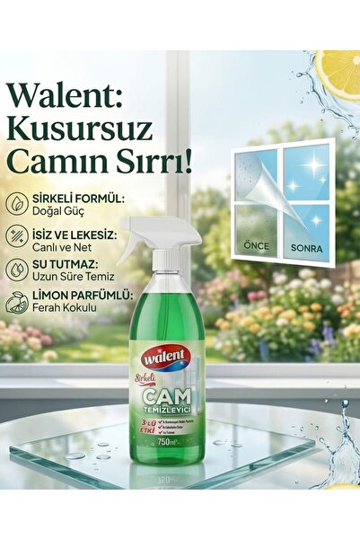 Walent Cam Temizleyici Sirkeli 750 Ml Parlatıcı Su Engelleyici İz Bırakmaz Leke Yapmaz