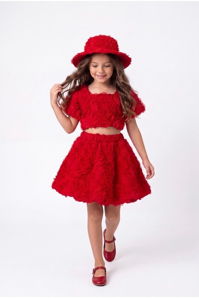 Baby Aden Babyaden Rose Embossed Floral Textured Crop Top & Skirt with Hat Gi...