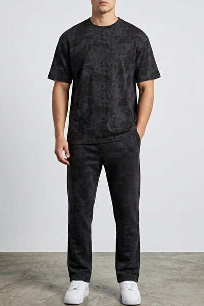 LAND MODA Men's Black Oversize Tie-Dye Fabric T-Shirt and Sweatpants Set - Co...