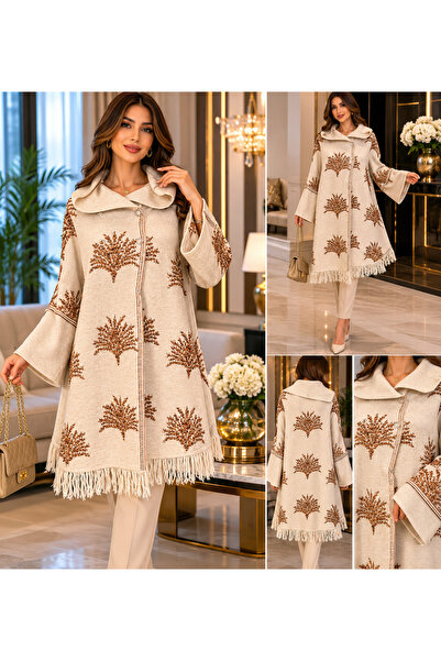 BALİS PİJAMA Women's Cream Black Ethnic Embroidered Tasseled Knitwear Coat Wi...