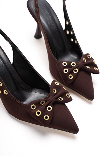 KARABAGSHOES Brown Satin Bow Open-Back Heeled Shoes