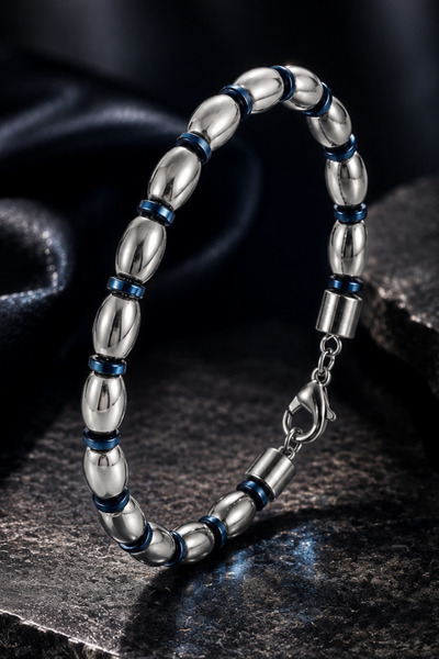 İyyaKee Men's Blue and Silver Hematite Natural Stone Bracelet with Stainless ...
