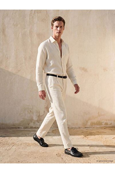 LC Waikiki Nevavm Regular Fit Linen Blend Men's Pleated Trousers with a Diffe...