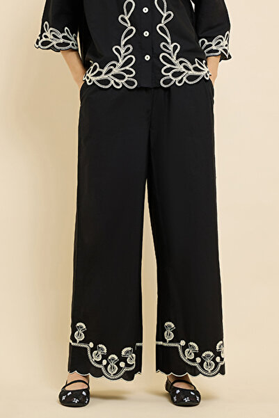 R&B Embroidered Wide Leg Pants with Drawstring Waist