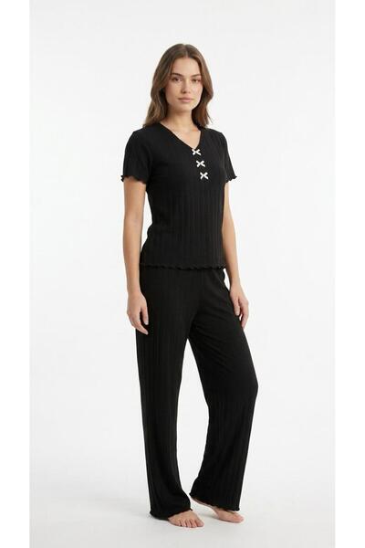 MİSS ELİZZA Transfer Fabric Ribbed Bow Detailed V-Neck Black Set