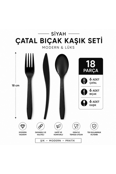 alenked Siyah Plastik Çatal Bıçak Kaşık Seti 18 cm 18 Parça Modern Lüks
