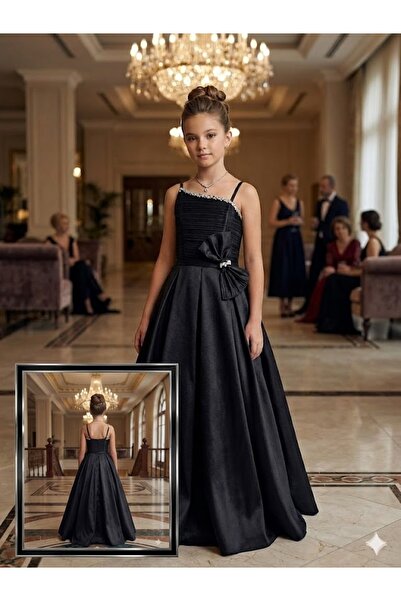 Erkut Asymmetrical Collar Stone Bow Detailed Girls' Evening Dress