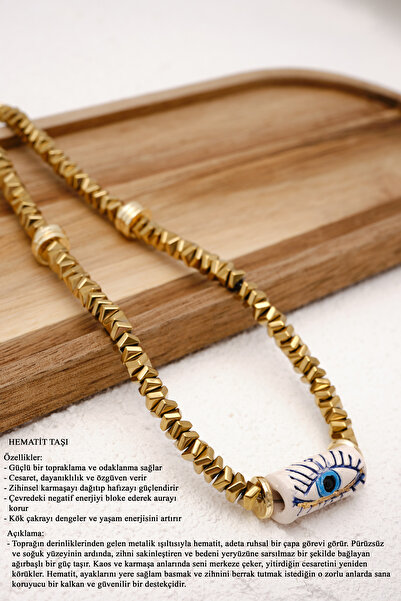 ByFlorya Jewelry قلادة من الحجر الطبيعي الهيماتيت الحقيقي على شكل أسطوانة بعي...