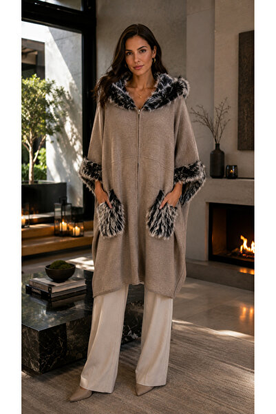 BALİS PİJAMA Women's Mink Fur Detailed Zippered Knitwear Poncho Hooded Furry ...