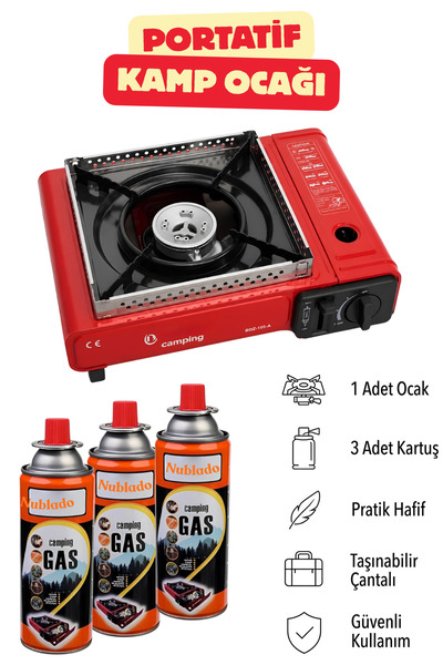 NUBLADO (4'lü Set) Portatif Taşınabilir Kamp Ocağı Tek Gözlü 3 Adet Kartuş Ge...