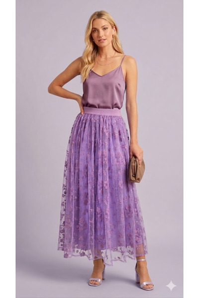 Sibel Günay Butik Fusta de damă din tul cu imprimeu floral liliac - cu căptuș...