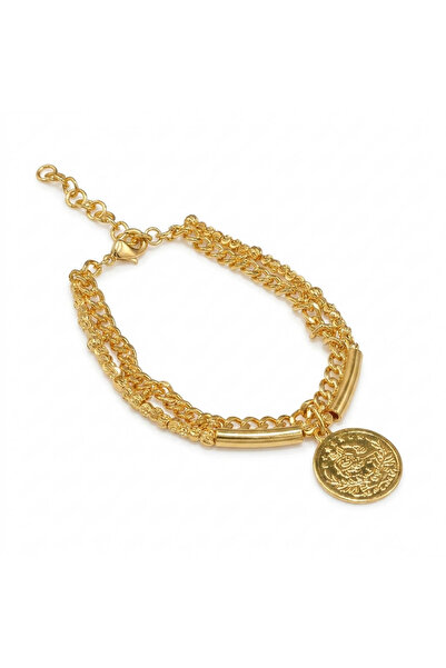 Generic Gold-Tone Double Layer Chain Bracelet for Women, Coin Charm and Bar A...