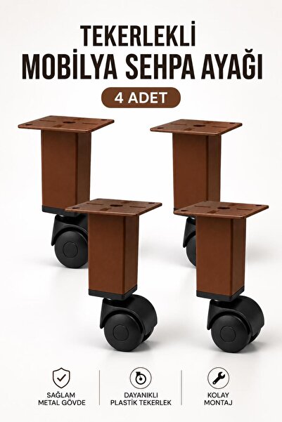 NZB (4 Adet) Kahverengi Metal Gövdeli Plastik Tekerlekli 15 cm Kare Mobilya B...